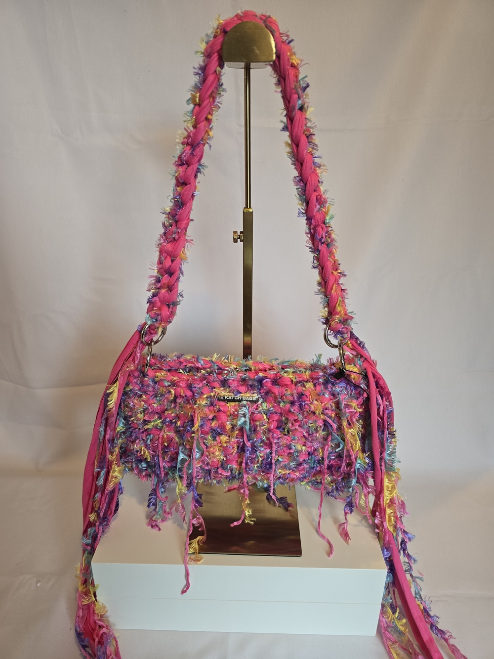 Hand Crafted Crochet Pink Multicolor Fringe Shoulder Bag - Picture 2 of 4